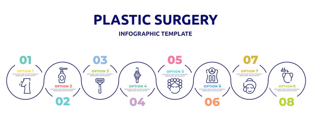 plastic surgery concept infographic design template. included nipple, spray bottle, shaving, wrist watch, hair curler, bathroom scale, glowing skin, hair transplant icons and 8 option or steps.