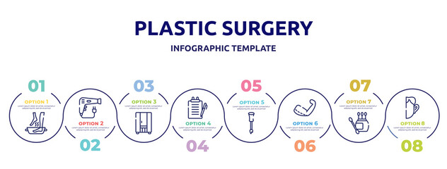 plastic surgery concept infographic design template. included soak, dryer, infrared, medical report, nail brush, brachioplasty, earbuds, otoplasty icons and 8 option or steps.