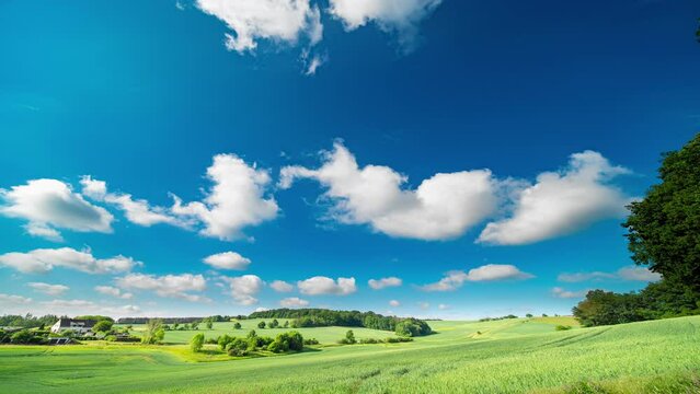 Timelapse of clouds in the sky in a summer green field