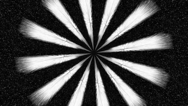 White beams of light with flashes come out of the center of the frame and rotate clockwise, or increase
or by decreasing the diameter of the circle they form. Dark background. Endless cycle. The loop.