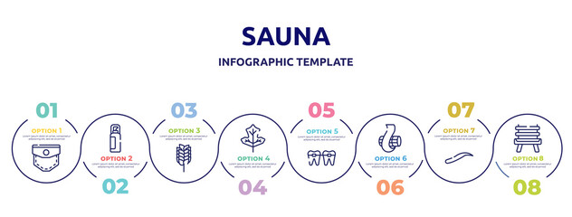 sauna concept infographic design template. included pocket, hair spray, birch whisk, oak, braces, curl, eyebrows, wooden chair icons and 8 option or steps.