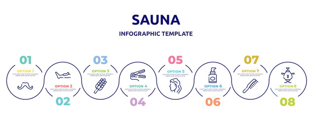sauna concept infographic design template. included mustache shape, waxing, whisk, hair straightener, woman head side view, foundation, hairdressing, samovar icons and 8 option or steps.