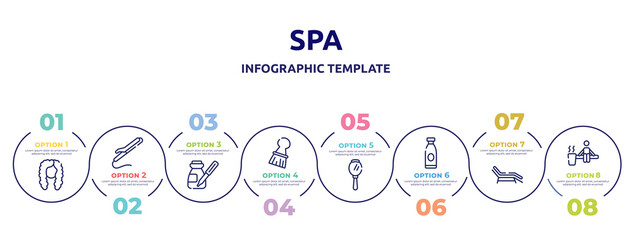 spa concept infographic design template. included curled black long female hair shape, curling iron, serum, accesory, hand mirror, lotion, sunbed, sauna icons and 8 option or steps.