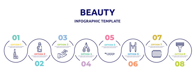 beauty concept infographic design template. included concealer, softener, treatment, nail scissors, hair pins, suspenders, hair roller, afro pick icons and 8 option or steps.