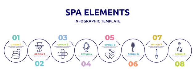 Fototapeta na wymiar spa elements concept infographic design template. included snail slime, slim, band aid, mirrors, romantic, combs, lima, olive oil icons and 8 option or steps.