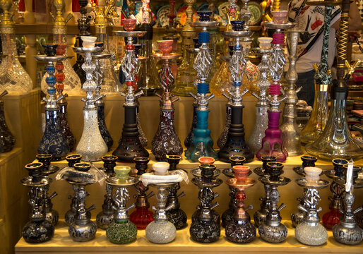 Many colorful hookahs in store