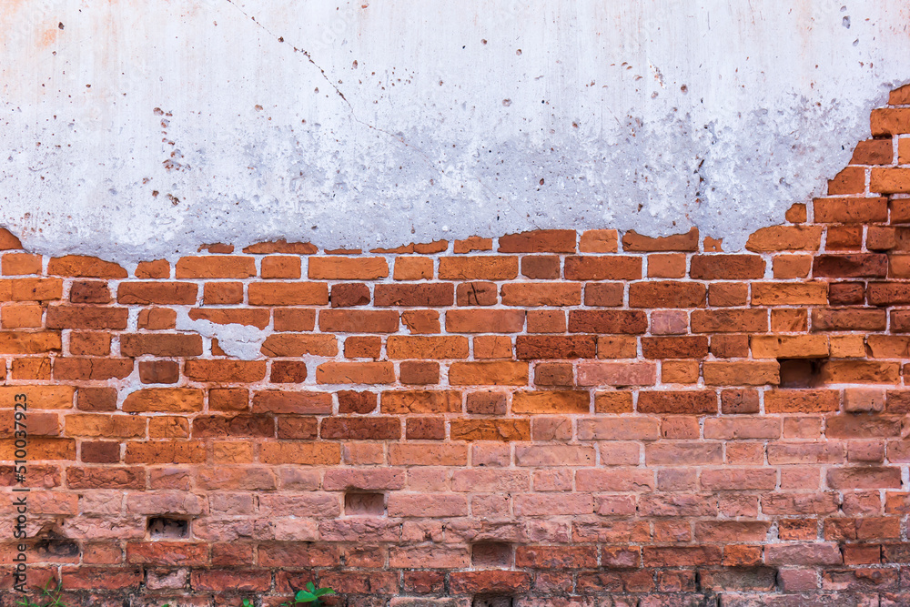 Poster red white wall background. old grungy horizontal masonry texture. brickwall structure backdrop with 