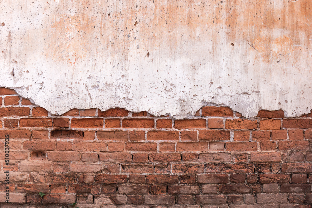 Poster old broken wall background with bricks.