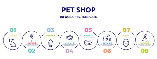 pet shop concept infographic design template. included cat toy, flea comb, grooming glove, extending leads, dog leads, cat food, capybara head, pet trimmer icons and 8 option or steps.