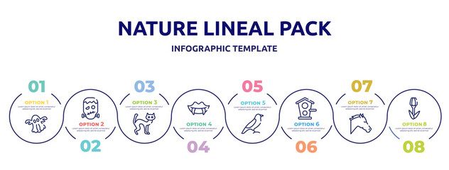 nature lineal pack concept infographic design template. included ghost, frankenstein, black cat, fangs, bird of black feathers, birds home, horse head, tulips icons and 8 option or steps.
