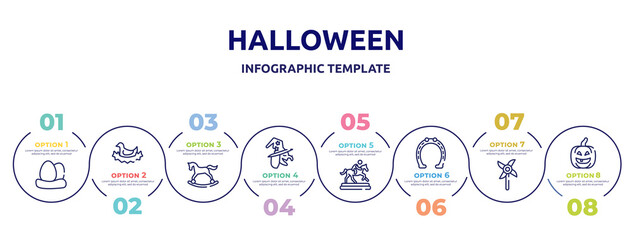 halloween concept infographic design template. included egg, bird in nest, horse rocker, witch, trophy of horses races, horseshoe tool, pinwheel, lantern icons and 8 option or steps.
