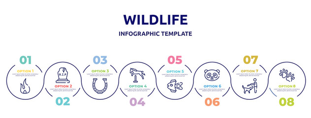wildlife concept infographic design template. included fire flame, tombstone, horseshoe, horse jumping, fish, panda face, man combing a dog, dog paw icons and 8 option or steps.