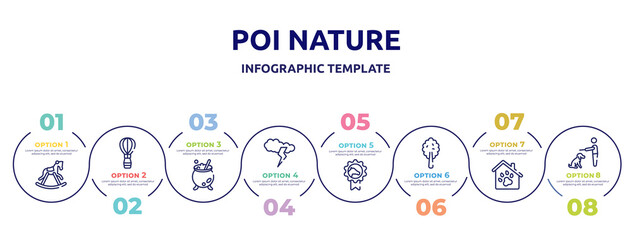 poi nature concept infographic design template. included horse rocker black, hot air balloon, cauldron, cloud and lightnings, horse races badge, plain tree, pet hotel, null icons and 8 option or