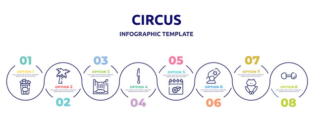 Fototapeta na wymiar circus concept infographic design template. included popcorn, coconut tree, cataract, cutlery, season, cannon, toad, dumbbell icons and 8 option or steps.