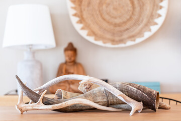 Interior elements in ethnic style with cornucopia in the middle of dining table, a wooden statue of Buddha in background and a wicker planter in mediterranean style