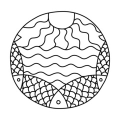 Doodles filled circle with sun sea and fish