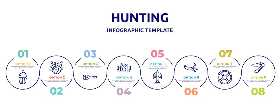hunting concept infographic design template. included cupcake, seaweed, flashlight, underwater photography, statue, squid, lifebuoy, swiss army knife icons and 8 option or steps.