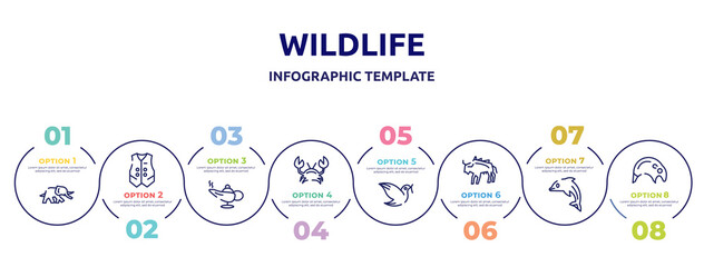 wildlife concept infographic design template. included elephants, waistcoat, magic lamp, crab, dove, bison, dolphin, tapir icons and 8 option or steps. - obrazy, fototapety, plakaty