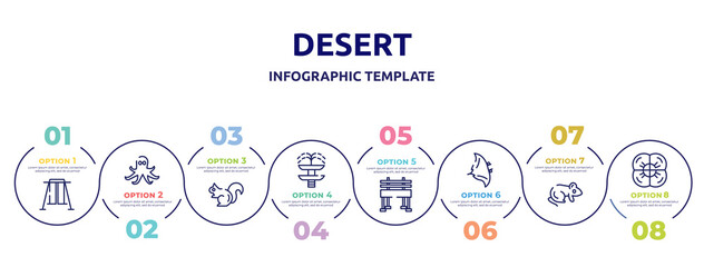 desert concept infographic design template. included swing, octopus, chipmunk, fountain, bench, manta ray, rat, poppy icons and 8 option or steps.