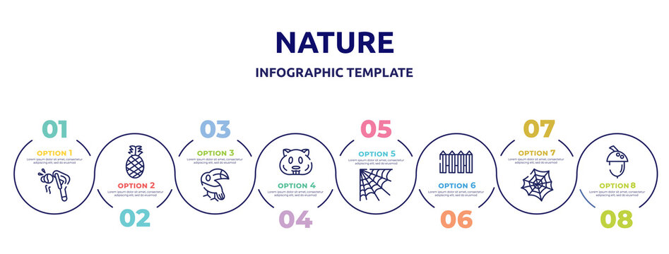nature concept infographic design template. included fatigue, pine, toucan, hamster, cobweb, fence, spider web, acorn icons and 8 option or steps.