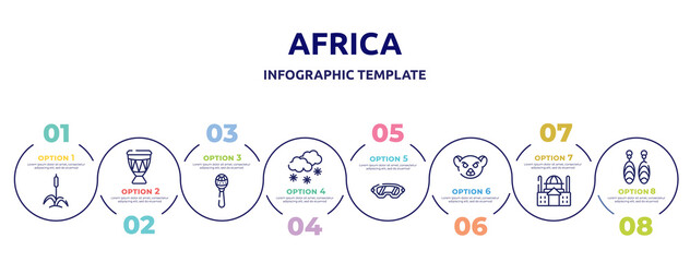 africa concept infographic design template. included cattail, drum, maracas, snowy, safety glasses, lemur, basilica, earrings icons and 8 option or steps.