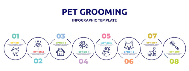Obraz premium pet grooming concept infographic design template. included thunderstorm, spider, dog house, zebra, chick, fox, walking the dog, pet brush icons and 8 option or steps.