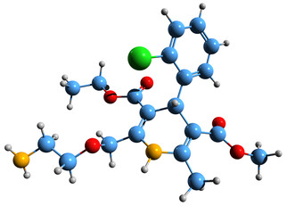 3D image of Amlodipine skeletal formula - molecular chemical structure of calcium channel blocker isolated on white background