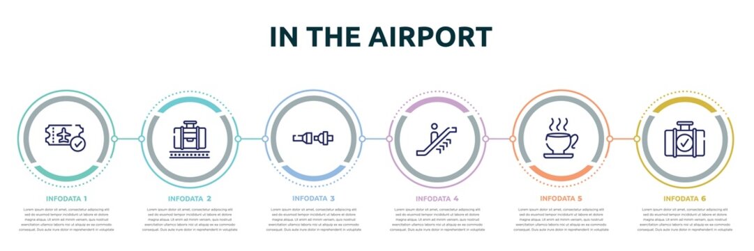 in the airport concept infographic design template. included verified boarding card, baggage claim, fasten your seatbelts, upwards or, teacup, luggage checking icons and 6 option or steps.