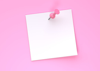 Blank white note paper with pink push pin isolated on pink pastel color wall background. Minimal concept. 3D rendering 3D illustration
