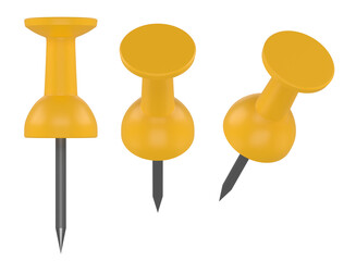 Collection yellow push pins isolated on white background. Set of thumbtacks. Front view. 3D Rendering 3D illustration