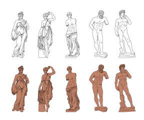 Antique full body Greek statues of god and goddess, vector line black white and terracotta ancient sculptures of people figures, hand drawn bodies isolated clip art bundle © Maria Zamchiy 