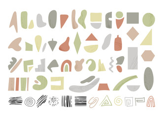 Bundle of abstract shapes in hygge colors, hand drawn organic geometric shapes isolated clip arts on white background, round, square and figured items with textures - vector
