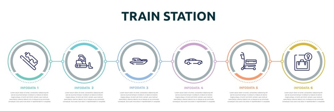 Train Station Concept Infographic Design Template. Included Hydration, Bulldozer Side View, Yacht Side View, Car Side View, Airport Cart, Left Luggage Icons And 6 Option Or Steps.