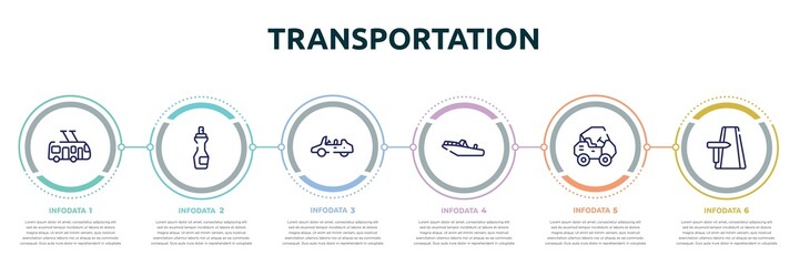 transportation concept infographic design template. included trolleybus, insect repellent, convertible car, motorboat, all terrain, road trip icons and 6 option or steps.