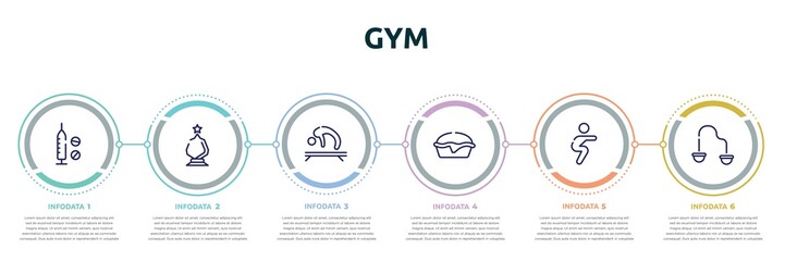 gym concept infographic design template. included doping, glass award, gymnastics, pies, squats, resistance band icons and 6 option or steps. - obrazy, fototapety, plakaty