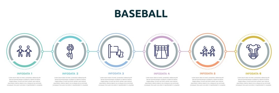 baseball concept infographic design template. included body mass index, yoga pose, red flag, starting point, home team, chest guard icons and 6 option or steps.