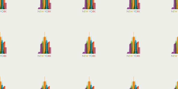 Many Rows of Colorful Retro Style New York Cityscape Pictograms - Buildings, Skyscrapers Pattern, Design on Light Wide Scale Background, Seamless Texture for Web - Template in Editable Vector Format