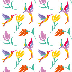 Hummingbirds fluttering over flowers. Colibri.  Summer print. Seamless pattern.  © Ekaterina