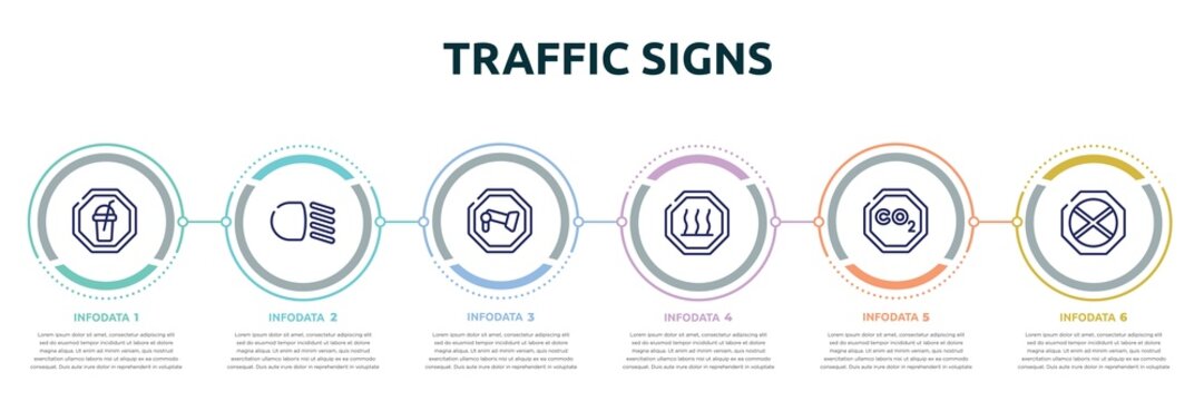 traffic signs concept infographic design template. included milk shake, low beam, camera, heat, co2, no waiting icons and 6 option or steps.