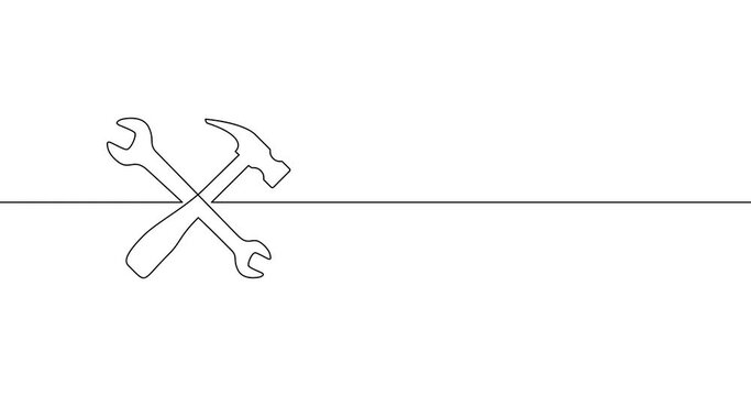 Animation of an image drawn with a continuous line. Wrench and hammer. Symbol of repair service.