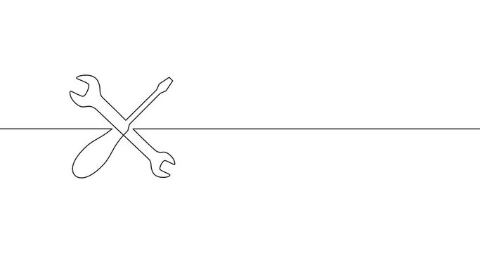 Animation of an image drawn with a continuous line. Wrench and screwdriver. Symbol of repair service.