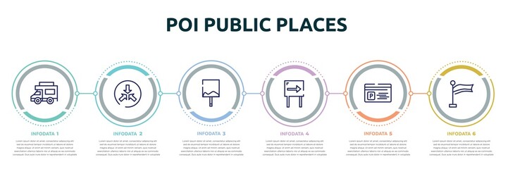 poi public places concept infographic design template. included jitney, converging, uneven, one way, parking card, plain flag icons and 6 option or steps.