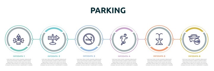 parking concept infographic design template. included water bomb city supplier, one way street, forbidden smoking, running, public fountain, locked car icons and 6 option or steps.