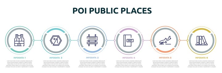 poi public places concept infographic design template. included high visibility vest, no turn left, rectangle and arrow, emergency door, landing, three books icons and 6 option or steps.