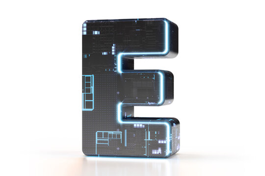 Robotic 3D font typeface letter E. Suitable for technology, electronics, engineering, digital, gaming, science fiction and robotic concepts. High quality 3D rendering.