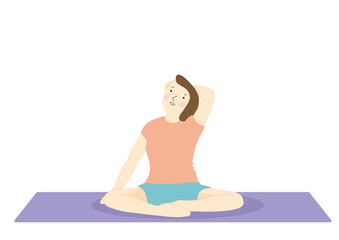 床に座って首肩のストレッチをするダイエット中の女性