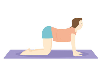 床に四つん這いになって背中を反らせるストレッチをするダイエット中の女性