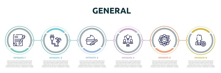 general concept infographic design template. included copywriting, biomass energy, beauty care, collaborative idea, core values, impeachment icons and 6 option or steps.