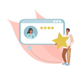Patient leaves a review of the doctor's work. Customer reviews rating. Clients evaluating doctors ranking concept, cartoon vector illustration.