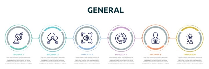 general concept infographic design template. included satellite antenna, internet of things, trackability, market share, x-ray, team leader icons and 6 option or steps.